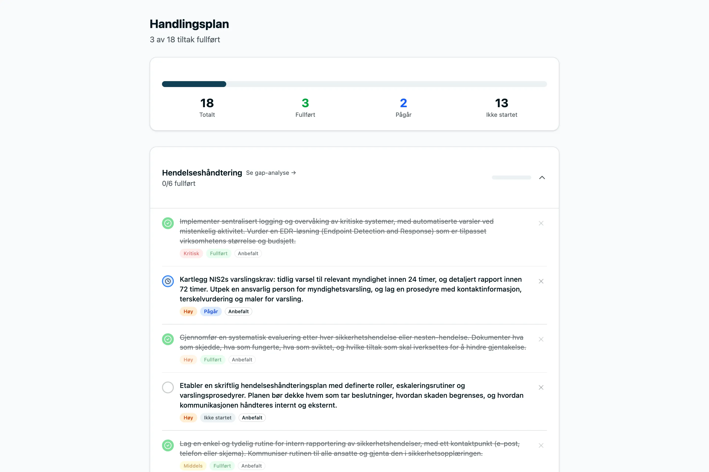 Handlingsplan med prioriterte tiltak gruppert etter kategori