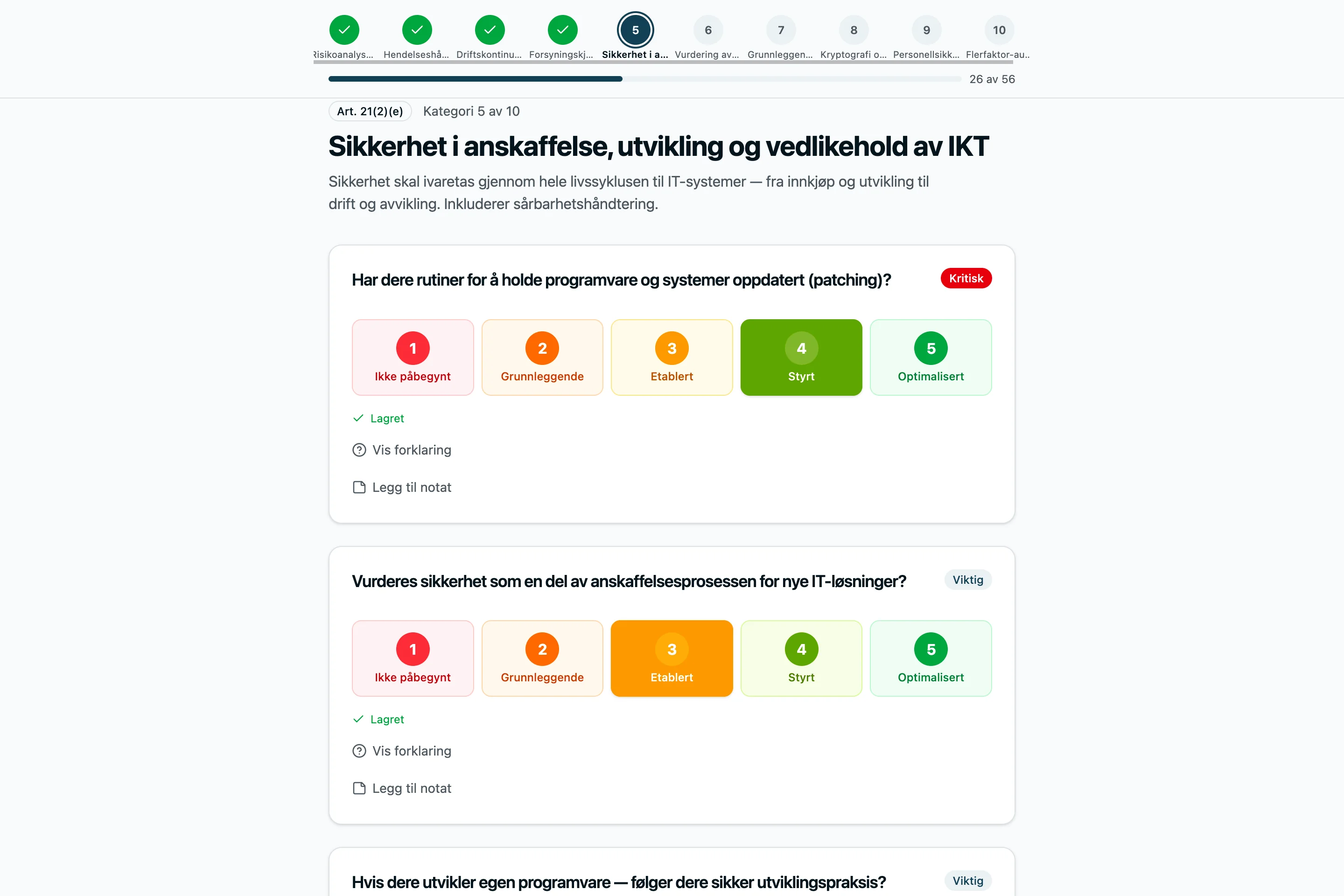 Egenvurdering med spørsmålskort og fremdriftsindikator